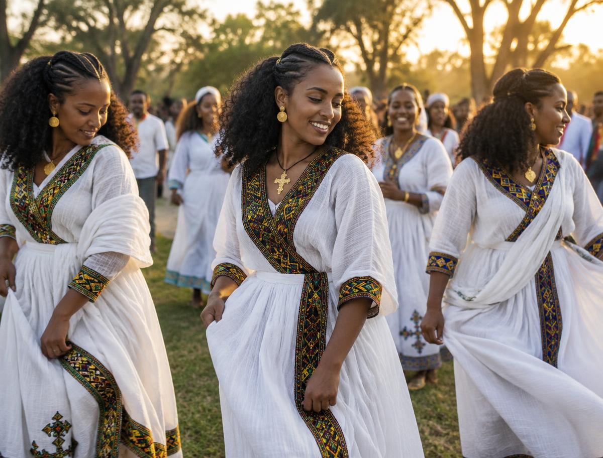 Women in traditional dress dancing at a celebration